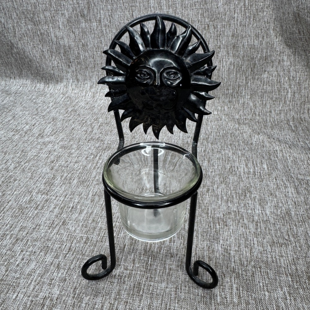 Vintage Black Metal Sun Face Chair Votive Candle Holder Celestial Boho Decor